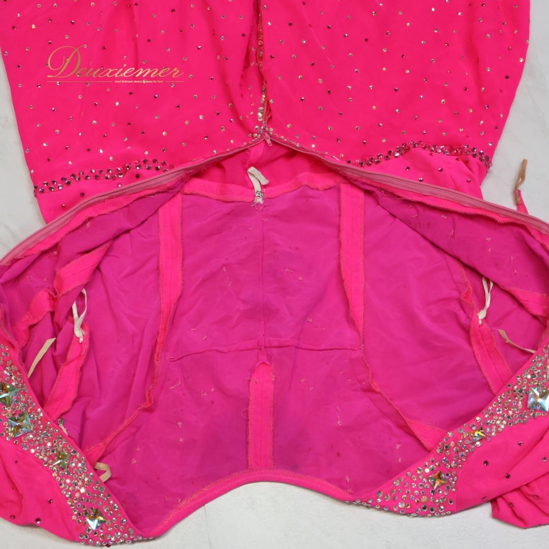 【社交ダンス衣装】ピンク ラテン ドレス ワンピース 蛍光 レース ビーズ デモ