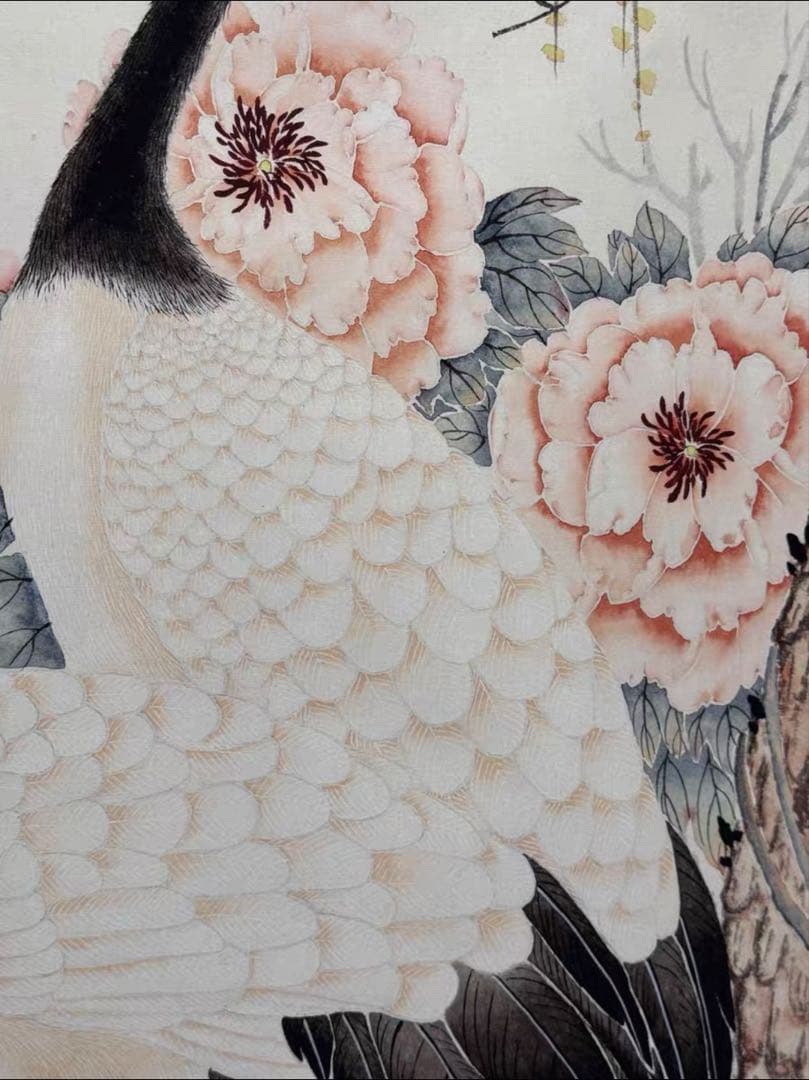 沈銓「牡丹双鶴図」大四尺 中堂掛軸　宣紙 手工表装　180×69cm