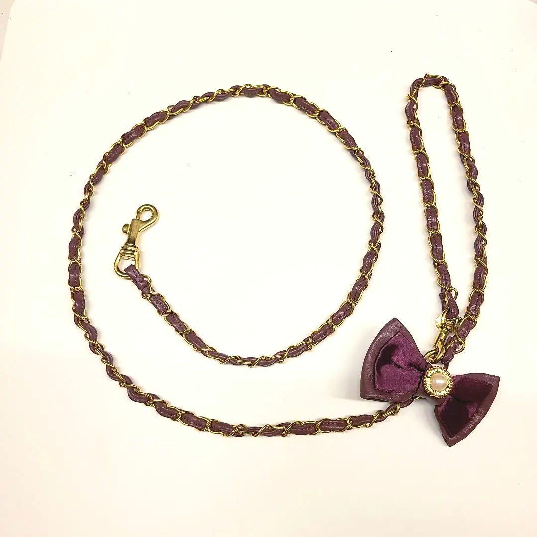 chi^ku チーク リボン 首輪 リード セット 革 くすみパープル オマケ付