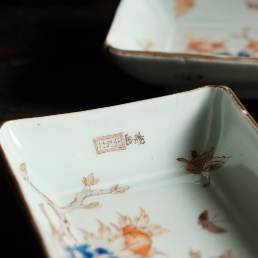 花と蝶々◆伊万里　花蝶文長方皿２客　刺身皿　芍薬　骨董・antiques 明治期