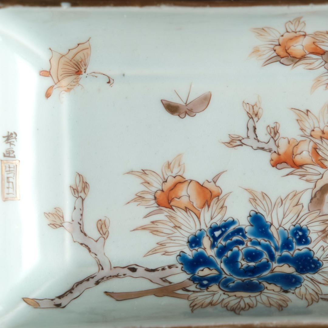 花と蝶々◆伊万里　花蝶文長方皿２客　刺身皿　芍薬　骨董・antiques 明治期