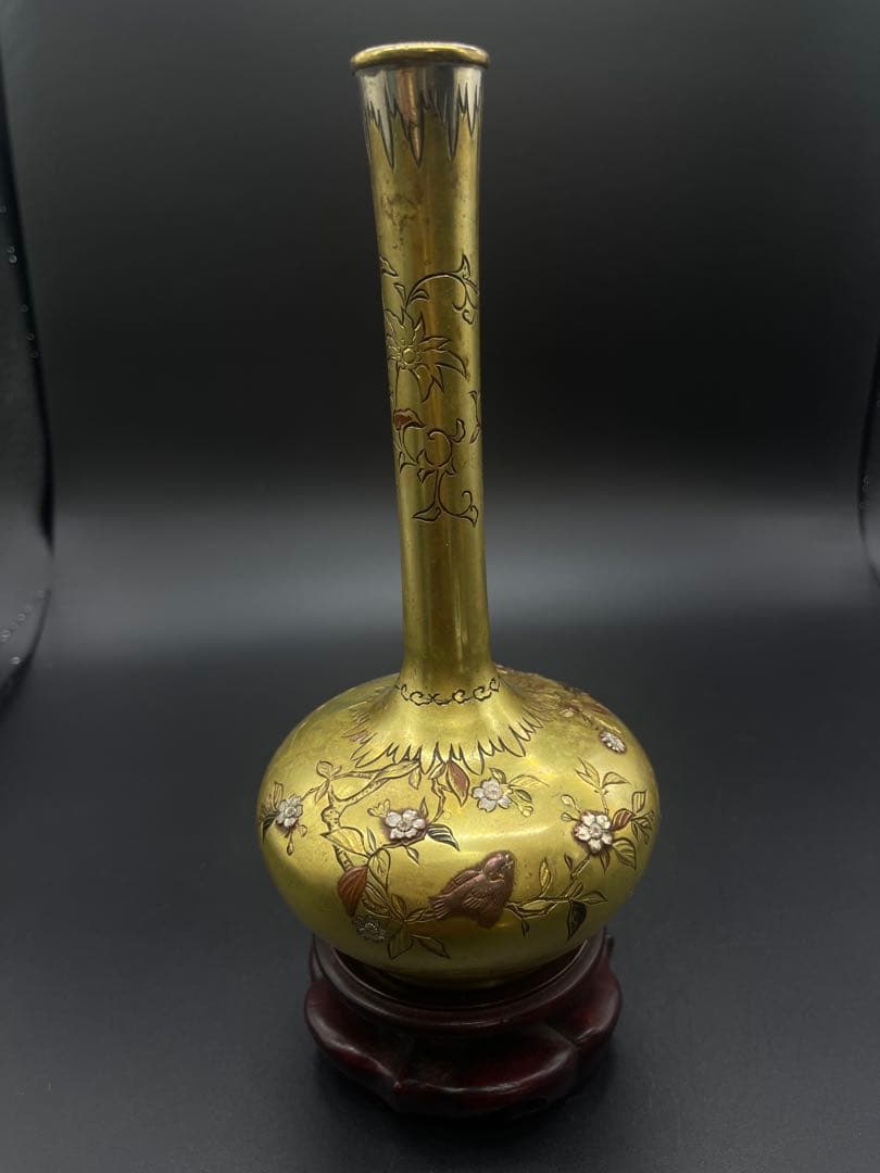 明治時代　金工　花瓶　金銀象嵌　骨董古美術