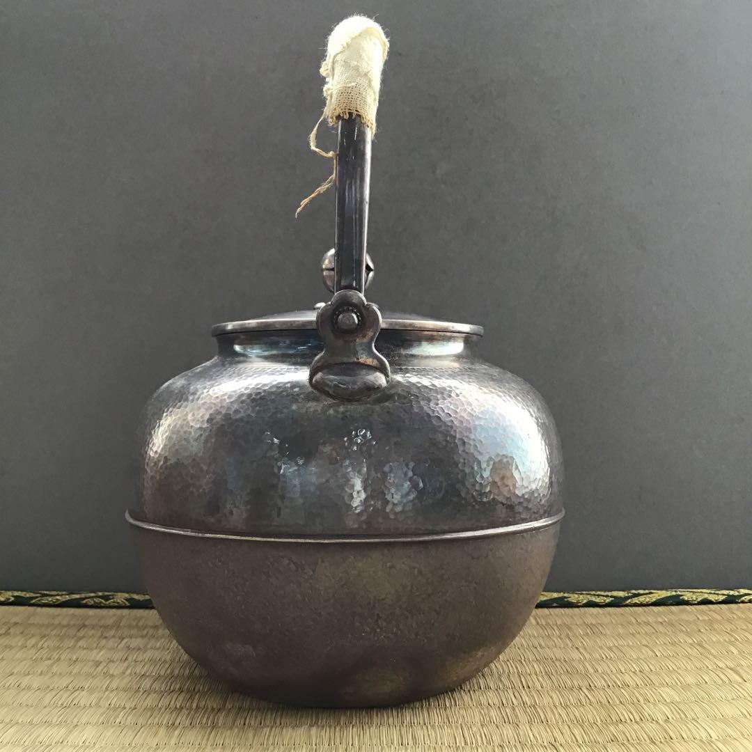 茶道具　湯沸　純銀望月形湯沸　目方百貮拾匁(約450g) 共箱　S218YW