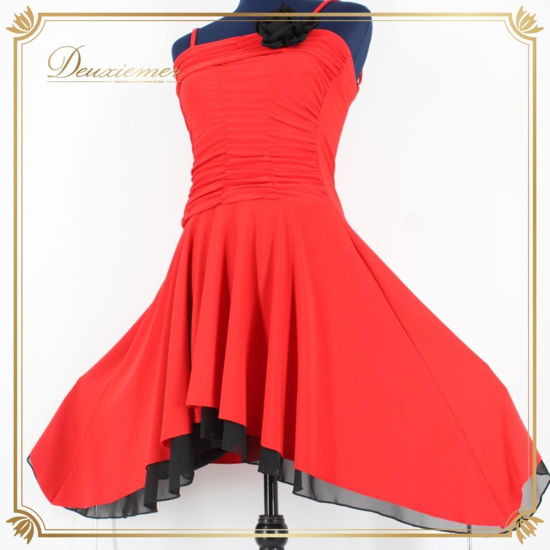 【美品 社交ダンス衣装】ワンピース ドレス ラテン 赤 黒 レッド ブラック