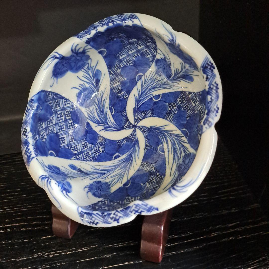 江戸中期　島津献上品　極上　肥前官調蔵製品　輪花　向付鉢　矢車草　染付青磁