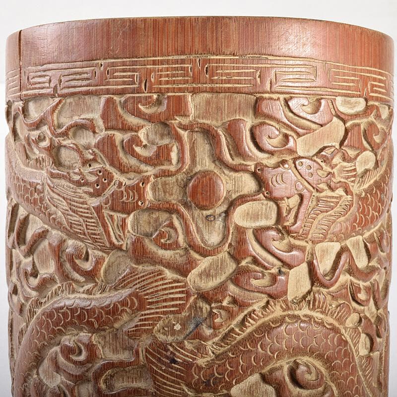 中国　古竹彫刻　雲龍彫　筆筒　M　R5069