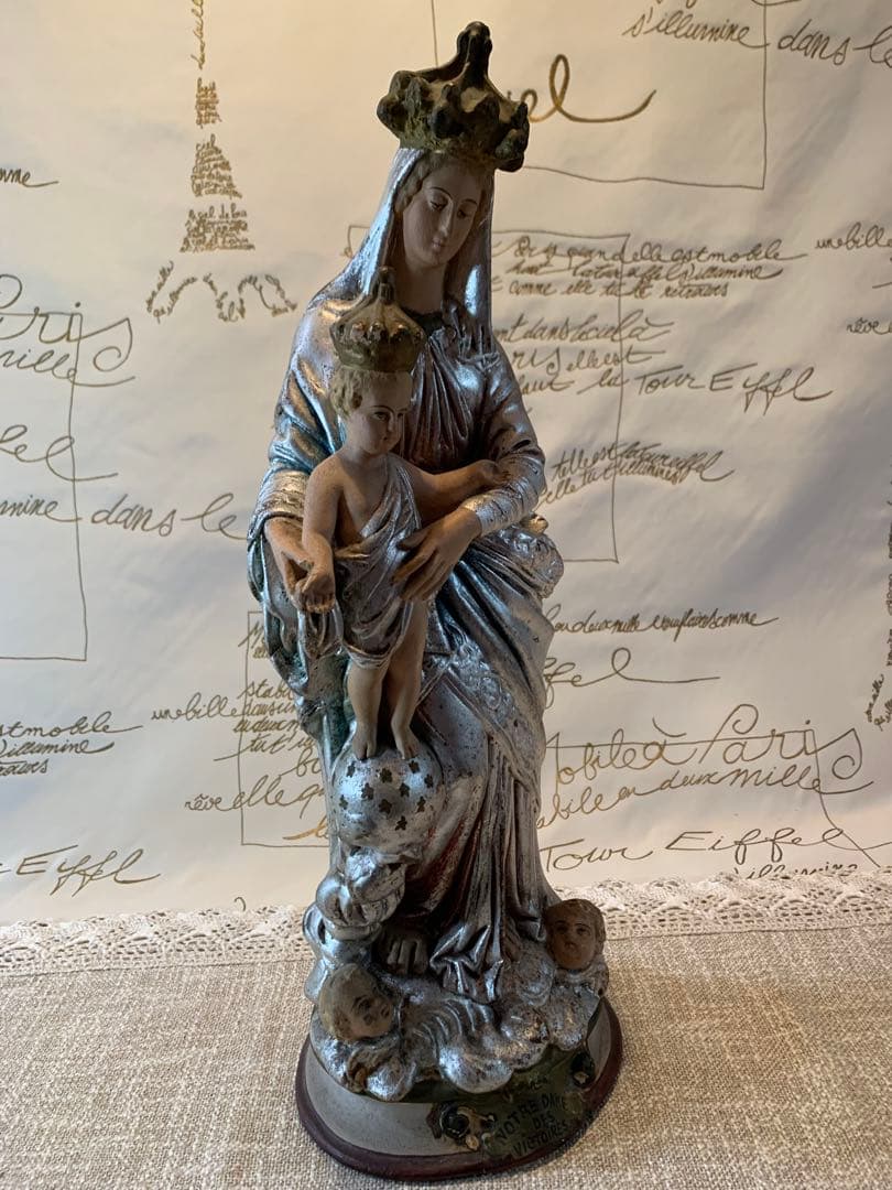 フランス製　アンティーク1920年特大43㎝ノートルダム　レアな銀色のマリア様！