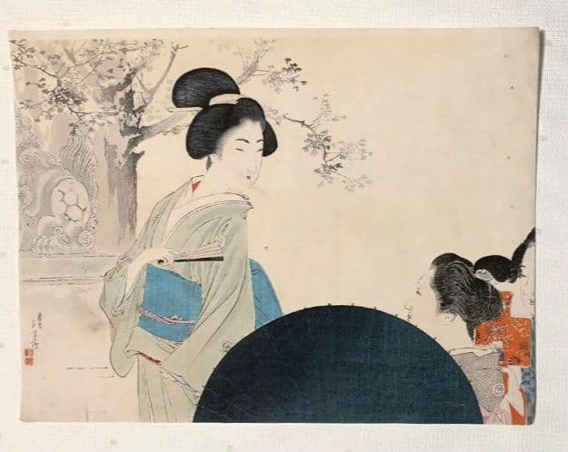 小説の口絵版画水野年方3枚、梶田半古1枚、富岡永洗1枚の5枚売り明治期閉じ穴あり