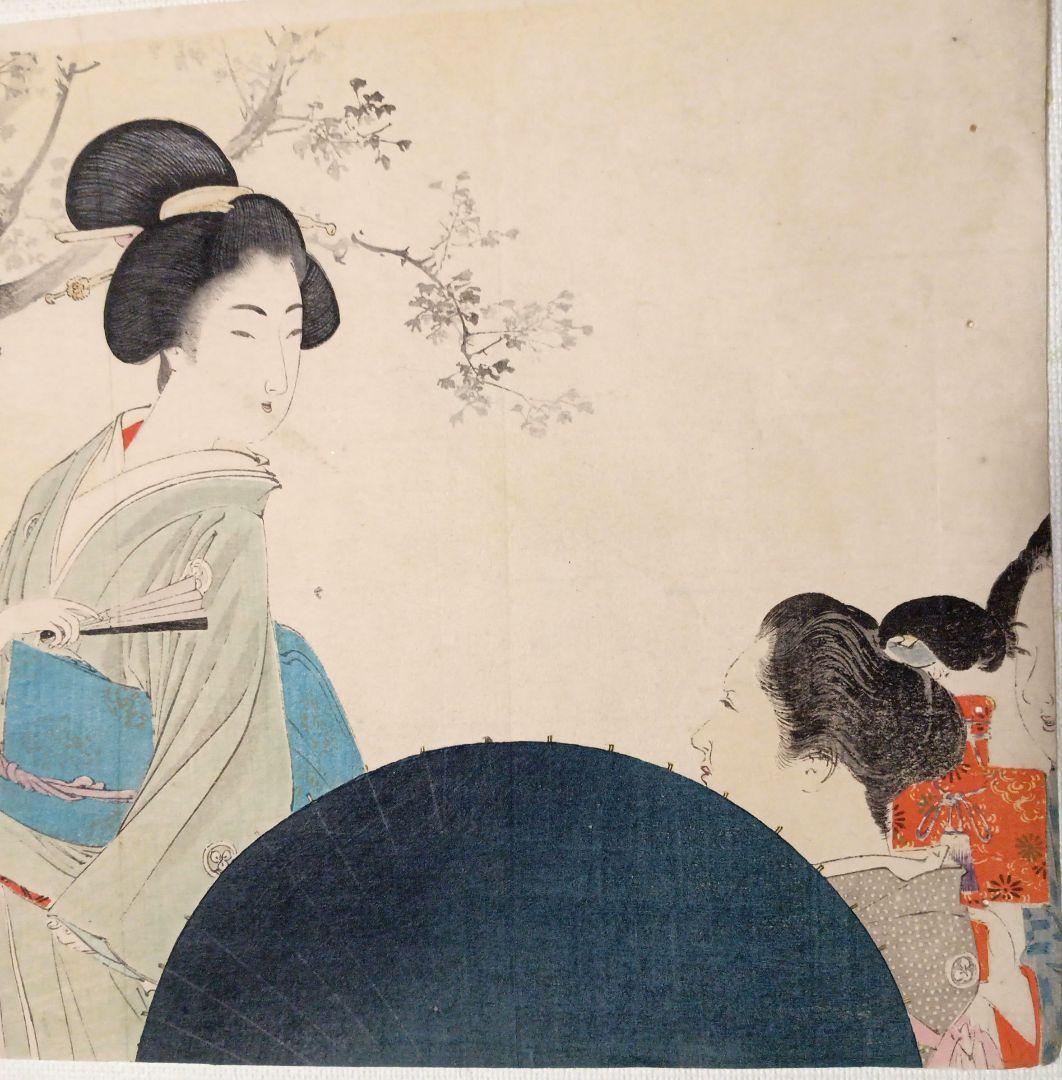 小説の口絵版画水野年方3枚、梶田半古1枚、富岡永洗1枚の5枚売り明治期閉じ穴あり