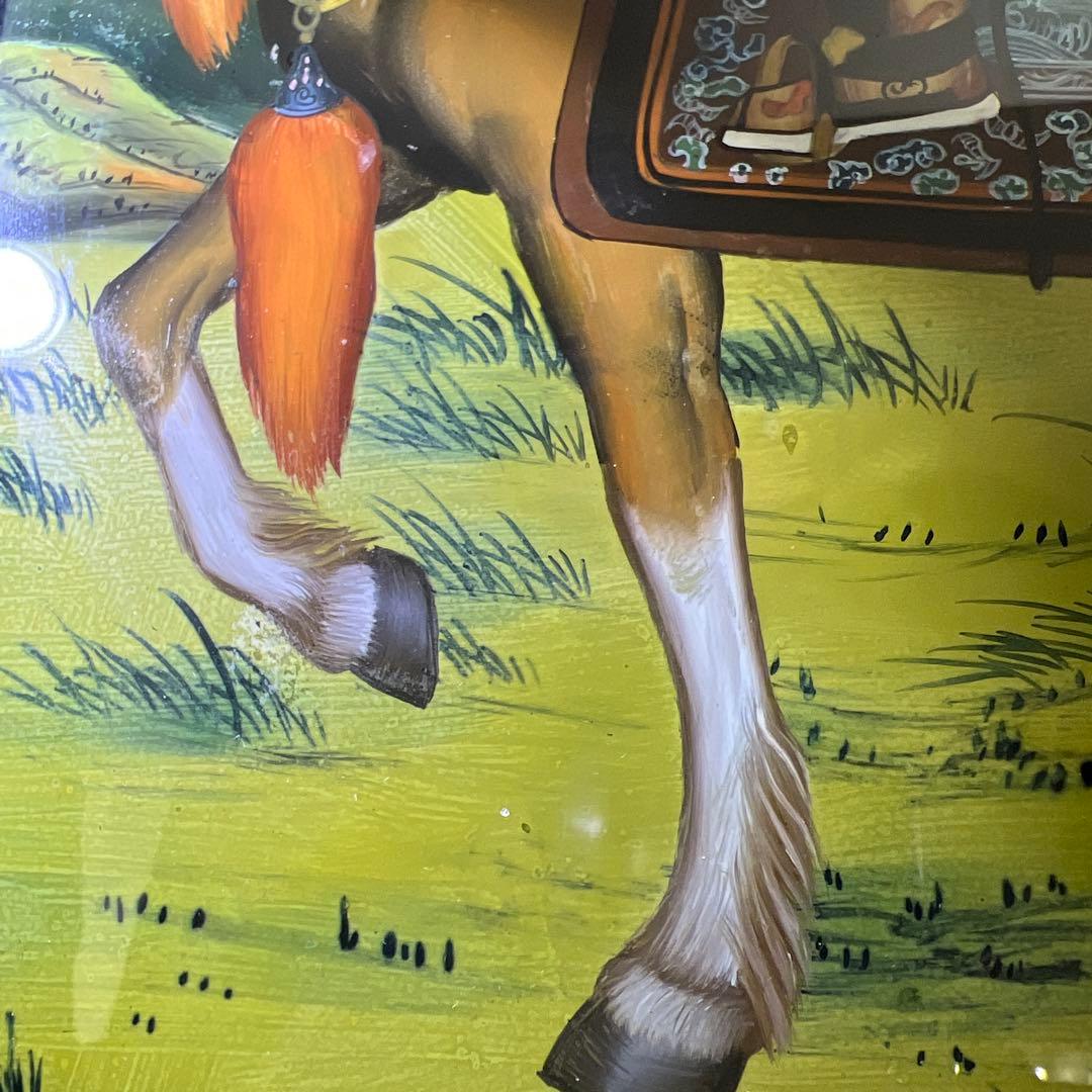 中国古玩　中国人物馬図　ガラス絵　金具込縦56㎝　東Y8-0205☆2F