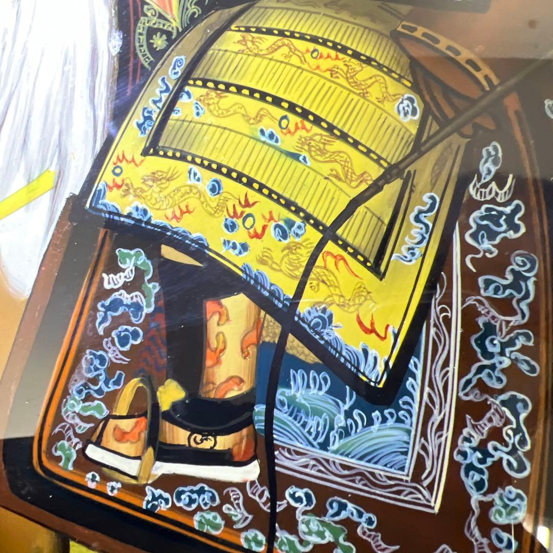 中国古玩　中国人物馬図　ガラス絵　金具込縦56㎝　東Y8-0205☆2F
