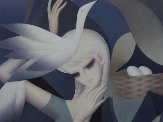 東郷青児、鳥と少女、希少な大判額装用画集より、新品高級額装付、状態良好