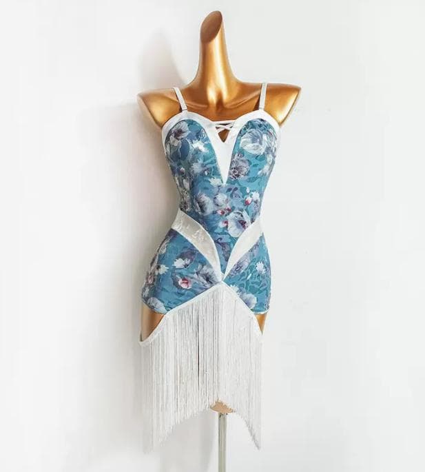 新作 社交ダンス衣装　ラテンワンピースドレス　花柄 ブルー オーダーメイド