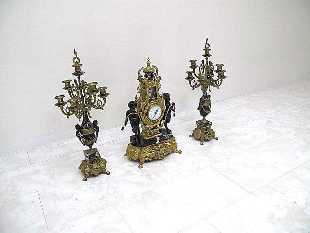 【美品】イタリア製 ランチーニ 天使/ブロンズ/黒大理石 燭台1対＋置時計セット