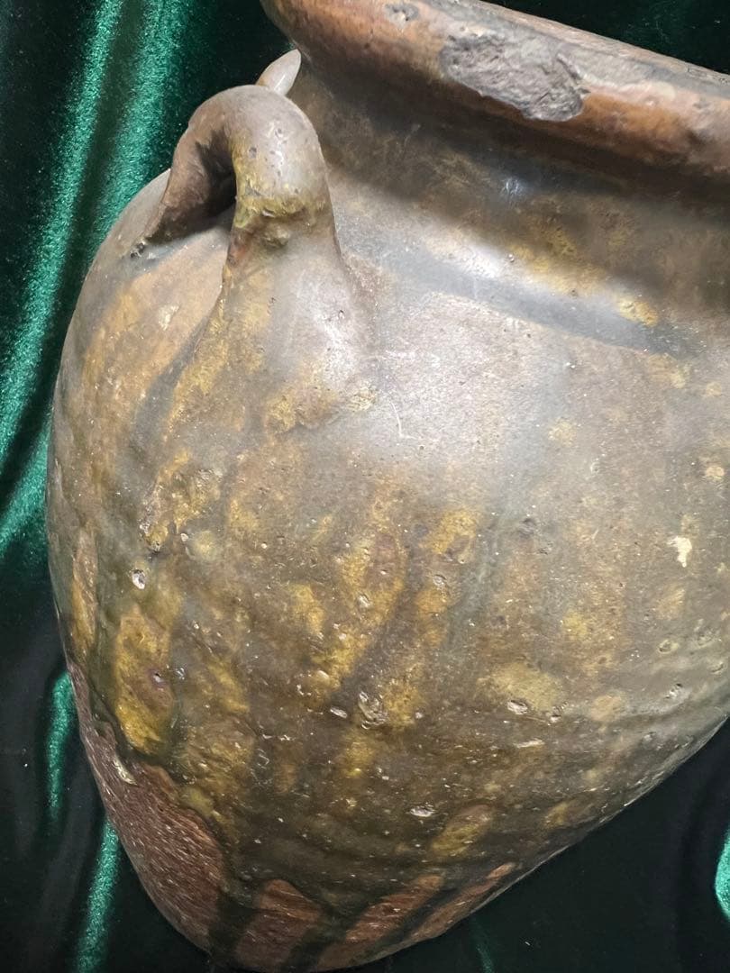 中国明朝（青釉 四耳壺陶器骨董品 時代物 高さ27cmx12cm整理品現状品のみ