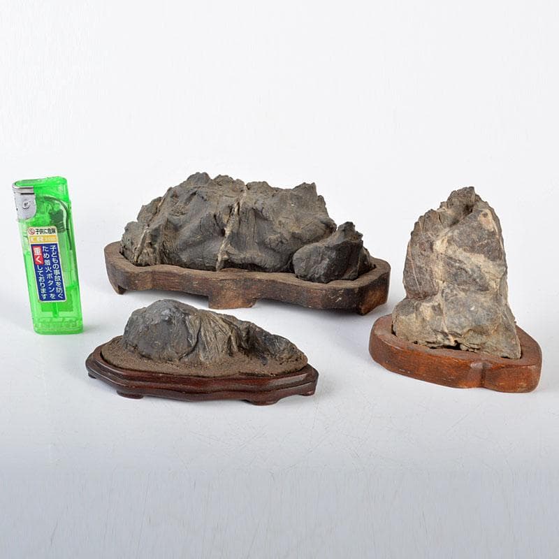 天然石　鑑賞石　太湖石　霊壁石　置物　台付　3点まとめて　V　R4367