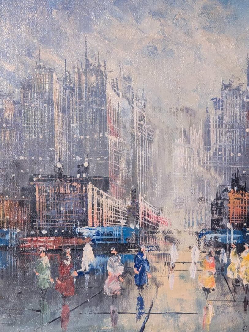 【真作】絵画　油彩6号　街のにぎわい　都市風景　印象派風　都会の情景　W137