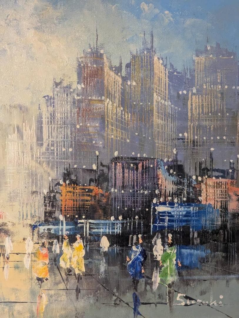 【真作】絵画　油彩6号　街のにぎわい　都市風景　印象派風　都会の情景　W137