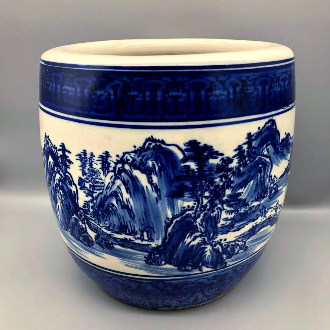 たちばな焼陶器藍色染め付け山水画火鉢24cm伝統工芸骨董品メダカ金魚睡蓮鉢