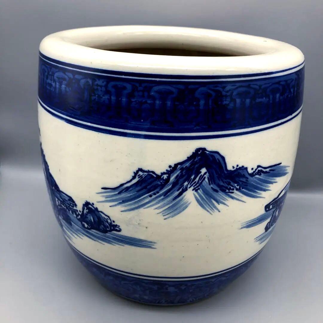 たちばな焼陶器藍色染め付け山水画火鉢24cm伝統工芸骨董品メダカ金魚睡蓮鉢