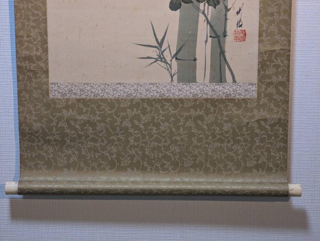 【真作】掛軸　尾竹竹坡　竹薔薇に青鳥図　繊細な筆致と雅な彩色　合箱入　R116