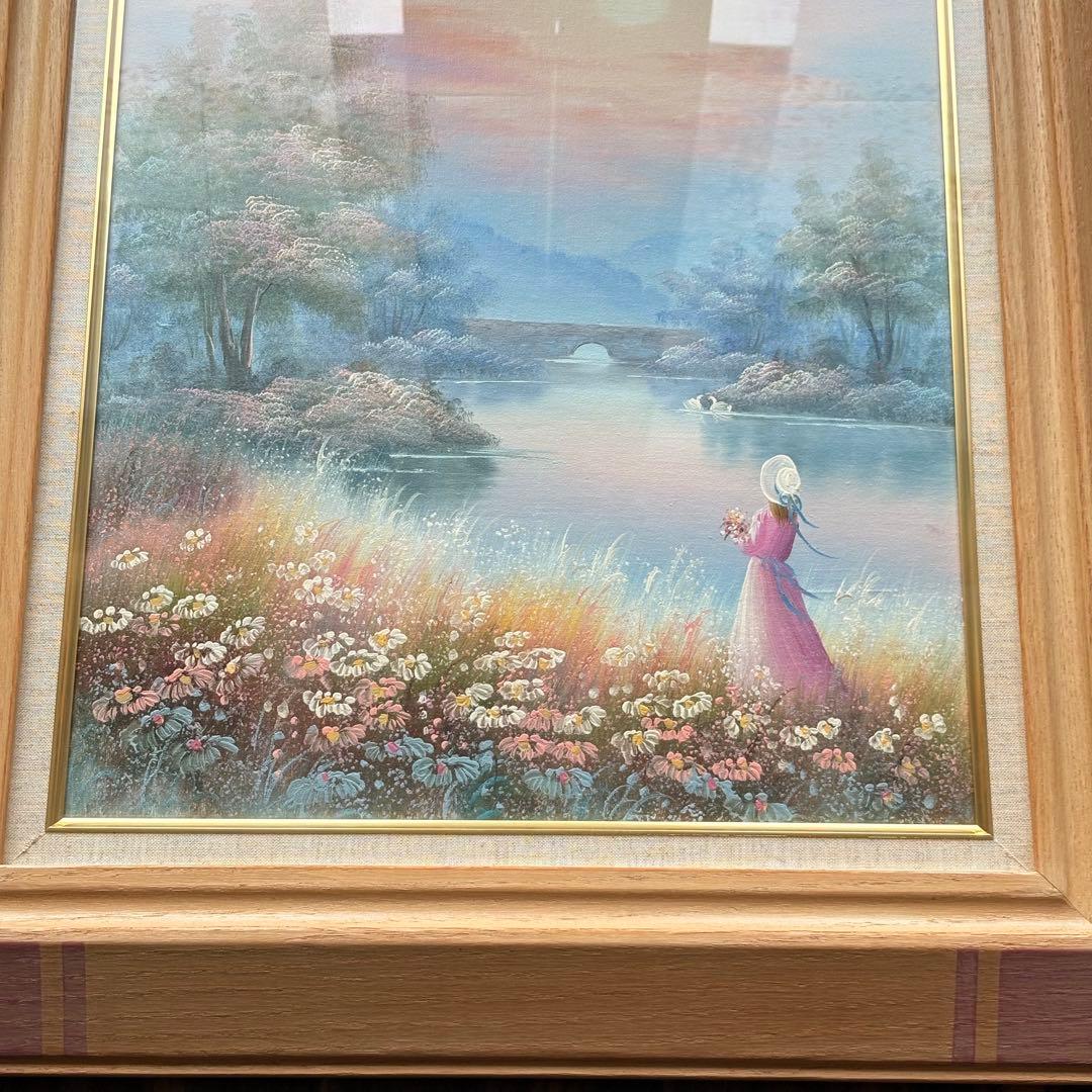 絵画　作者不詳　夕陽に映えるお花畑　油彩画