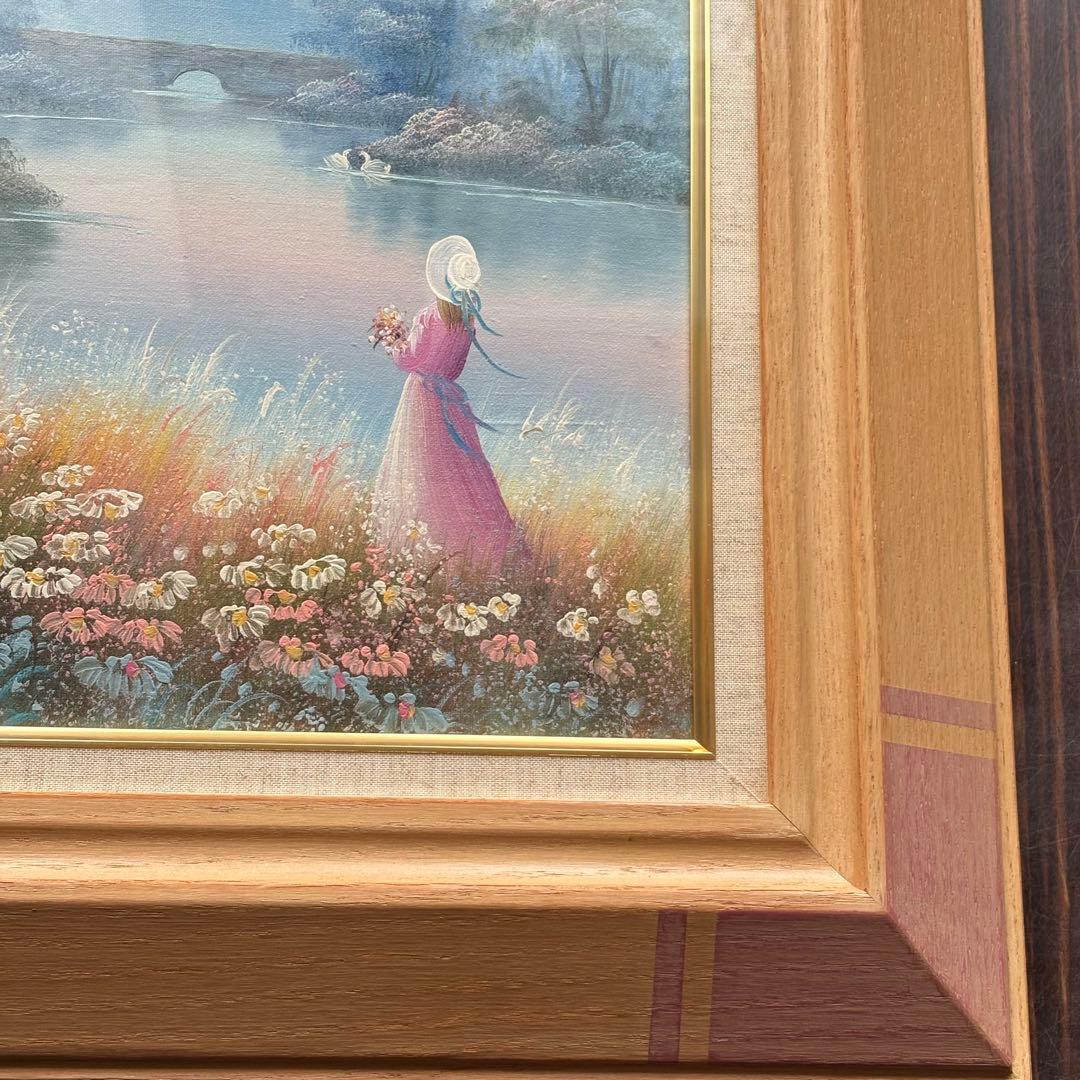 絵画　作者不詳　夕陽に映えるお花畑　油彩画