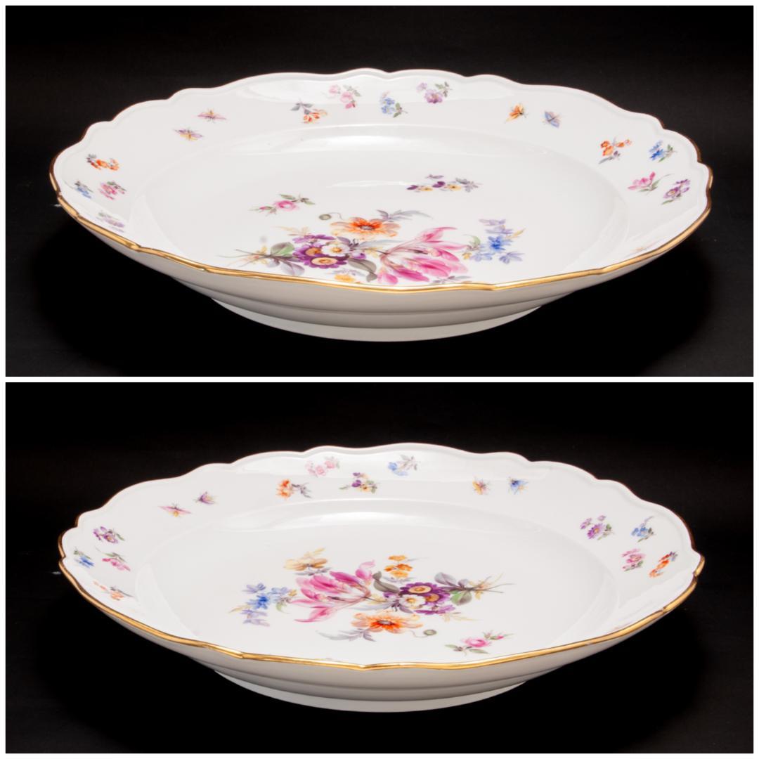 古マイセン 金彩 花のブーケと虫の絵付け 19C末 大皿 直径 34cm