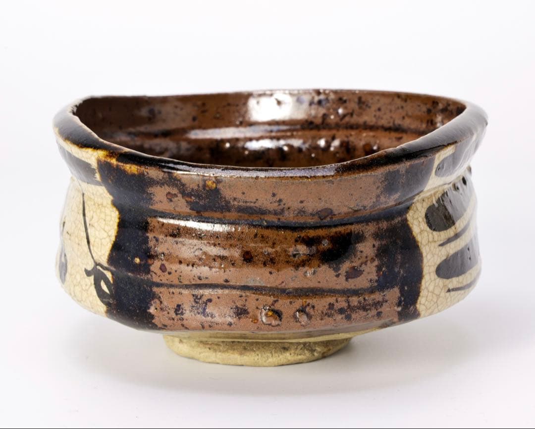 古織部 干柿紋沓形茶碗 木箱付 茶道具 抹茶碗 美濃焼 織部焼 骨董品 古美術品