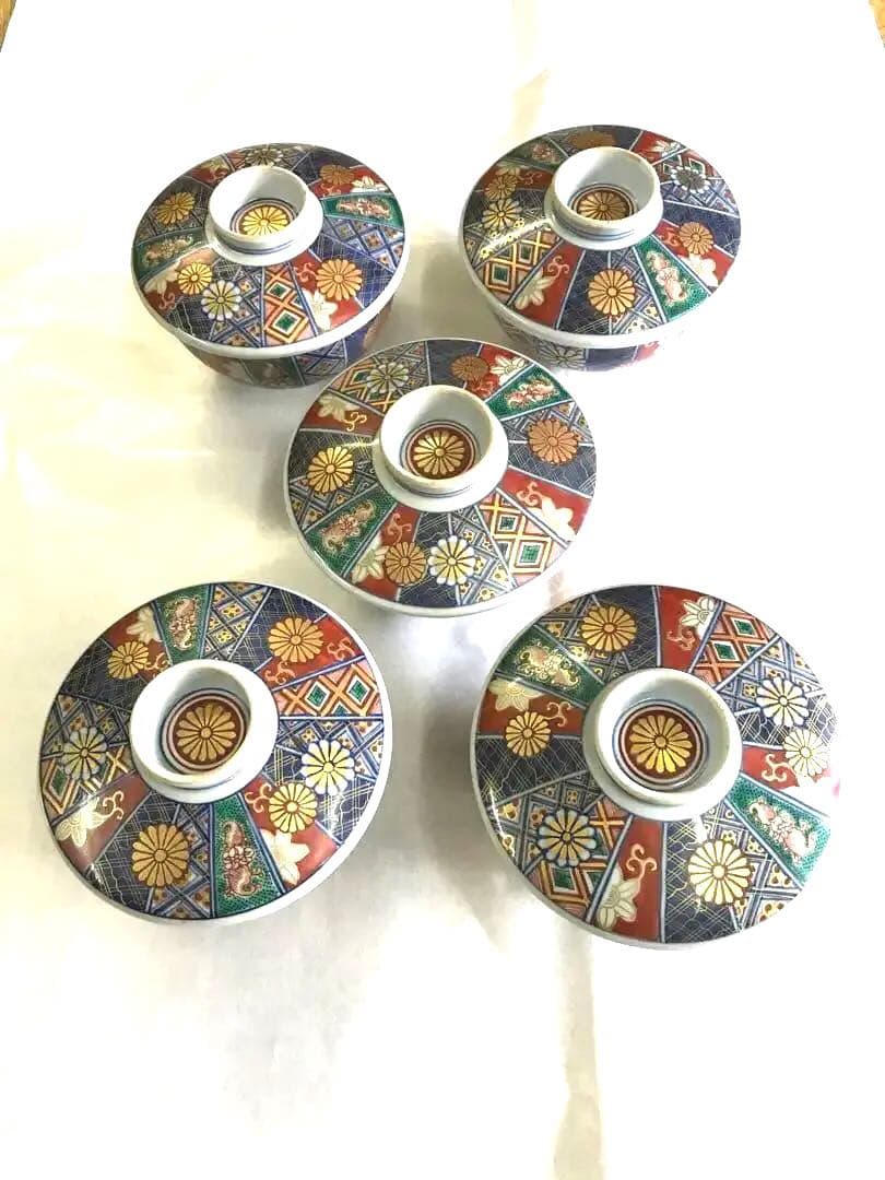 伊万里風菊模様蓋付碗(五客)