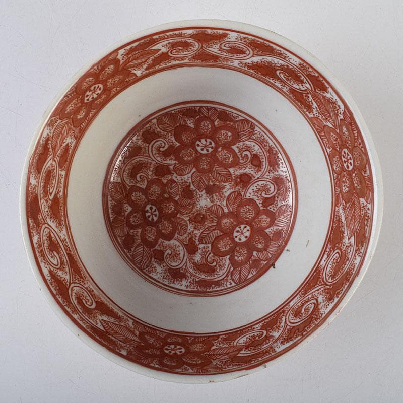 犬山焼　松原惣兵衛作　赤絵師道平絵付　赤絵唐草文　菓子鉢　共箱　V　R9507