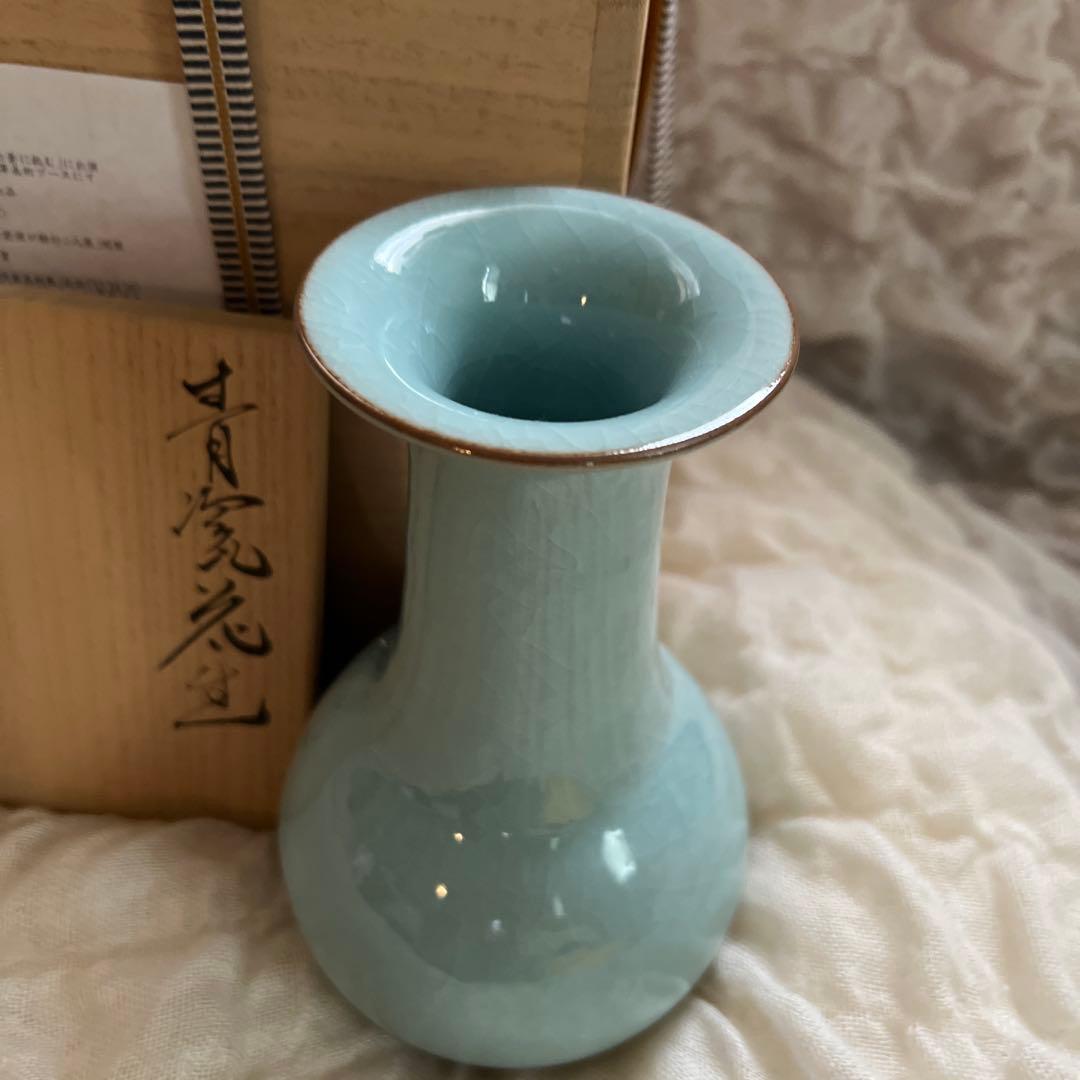 浦口雅行　青窯 花器 陶器 青色 木箱付き