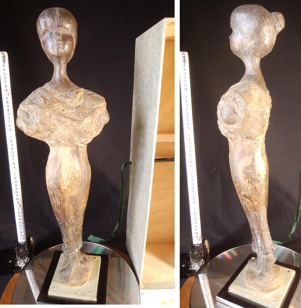 松本作【乾漆少女像】高５９cm◆木箱付き◆古代銅像様ブロンズ彫刻風裸婦ドール人形