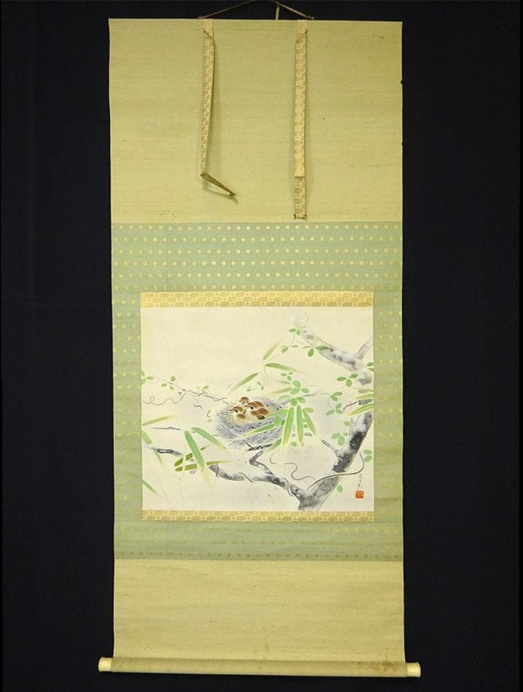 【真作】掛軸 室田秀太郎『雀図』絹本 肉筆 無地箱付 掛け軸 a040711