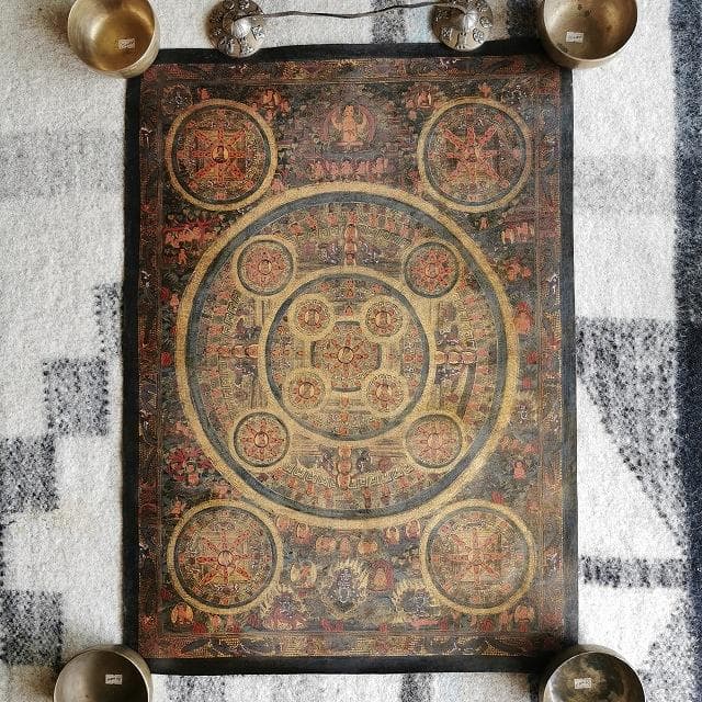 【五仏曼荼羅】　アンティーク　大　ハイクオリティ　：　タンカ　仏画（額縁なし）