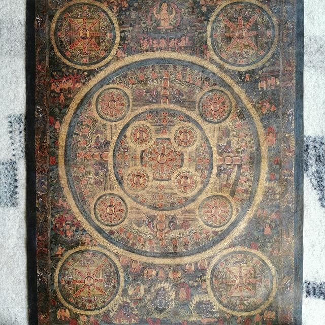 【五仏曼荼羅】　アンティーク　大　ハイクオリティ　：　タンカ　仏画（額縁なし）