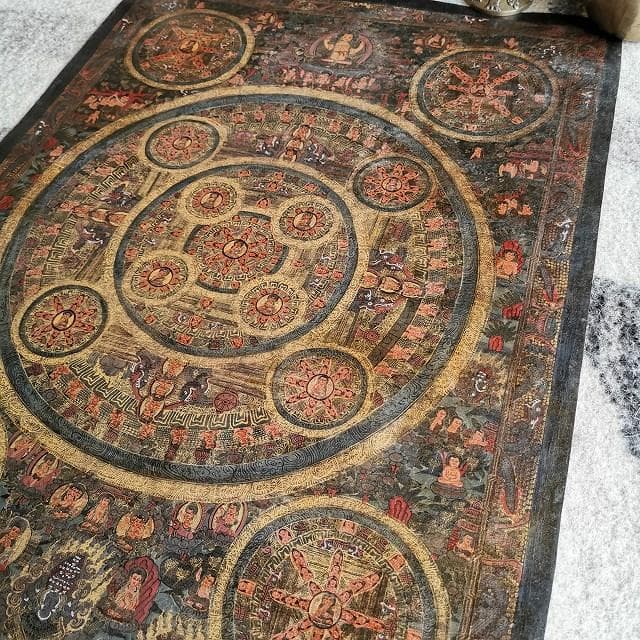 【五仏曼荼羅】　アンティーク　大　ハイクオリティ　：　タンカ　仏画（額縁なし）