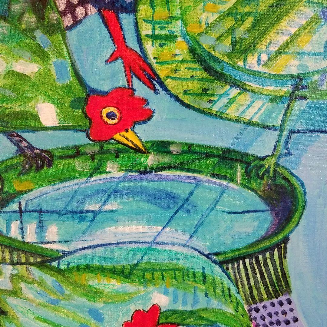 油絵　saosao　緑色のめんどりたち