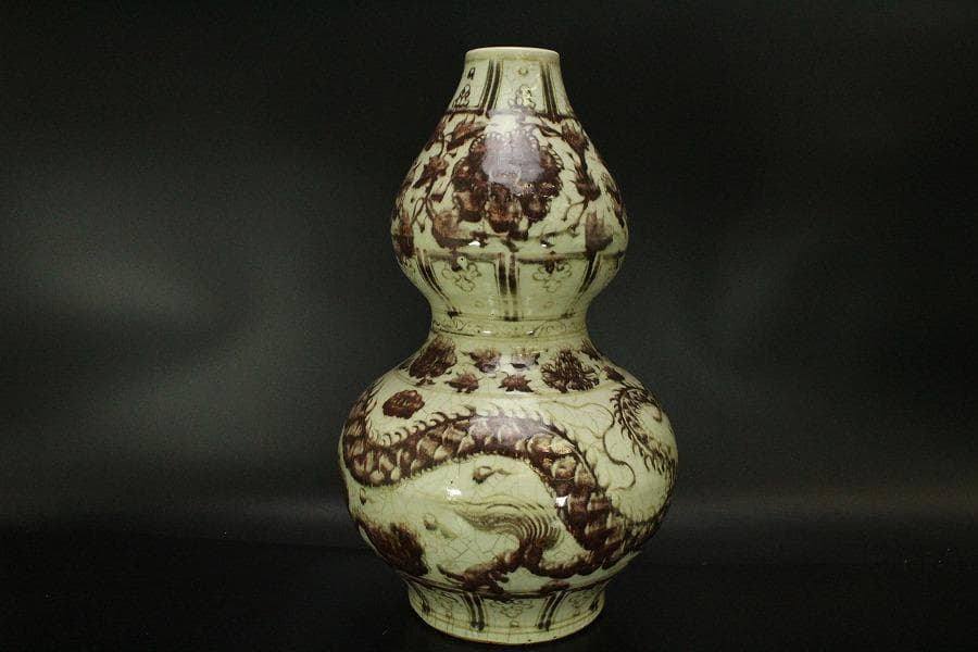 中国美術 釉裏紅 龍紋 瓢形 瓶 高43cm(LC597)