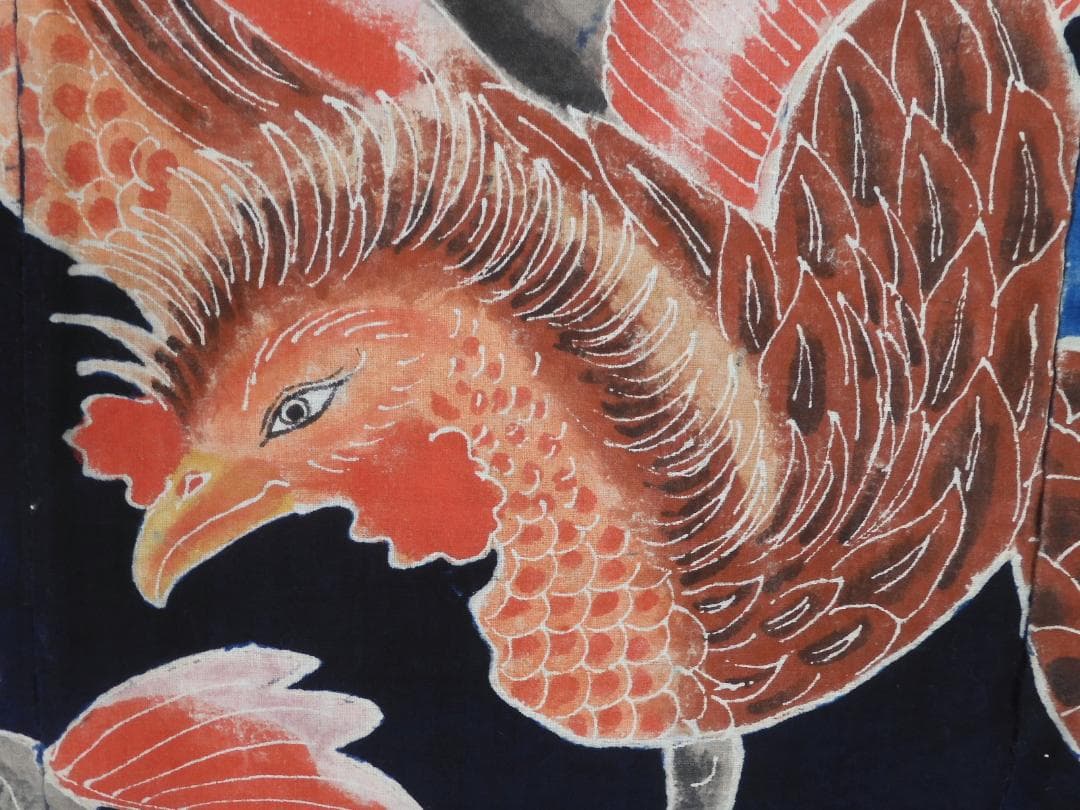 木綿・明治期・筒描4巾・鳳凰のつがい・アンティーク筒描き