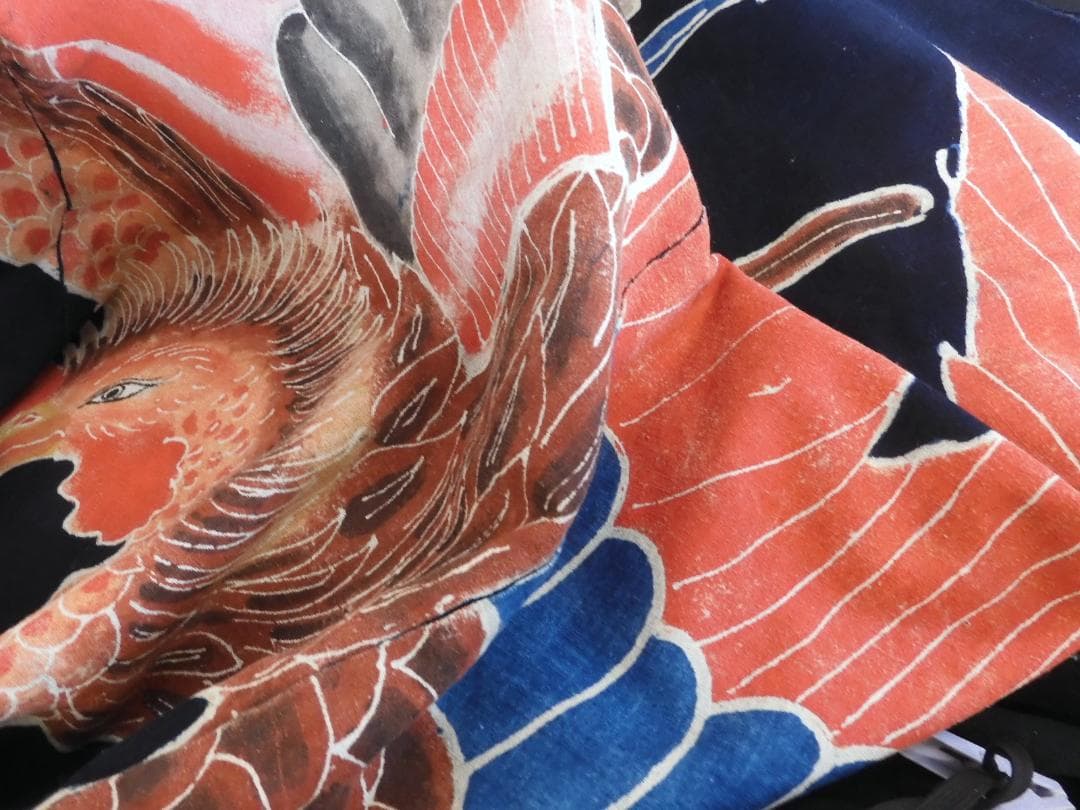 木綿・明治期・筒描4巾・鳳凰のつがい・アンティーク筒描き