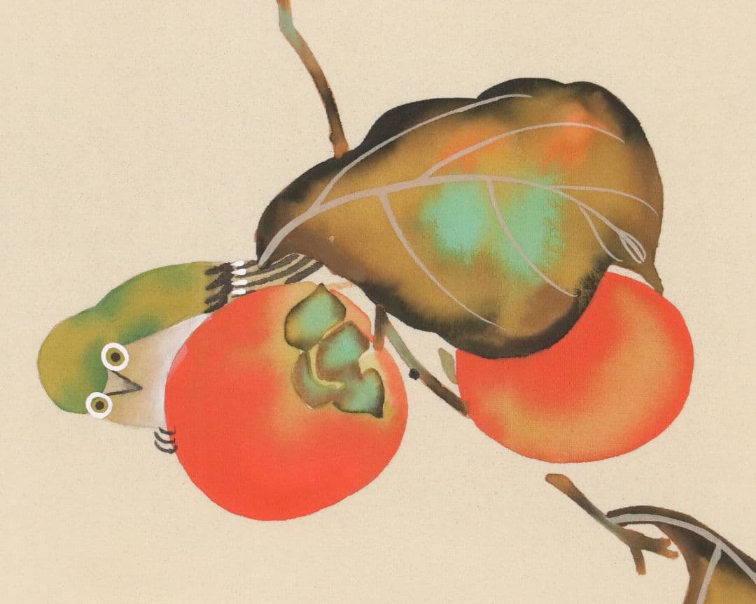 【複製】工芸画 酒井抱一「柿に目白図」絹本 掛軸 日本画 鳥 MA448