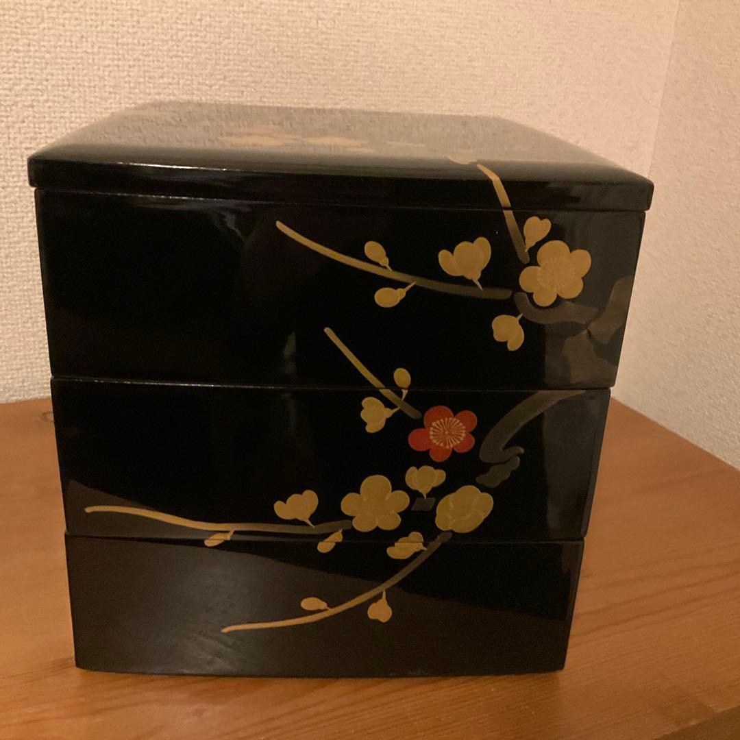 重箱　胴張三段重　金蒔絵　梅　18cm四方