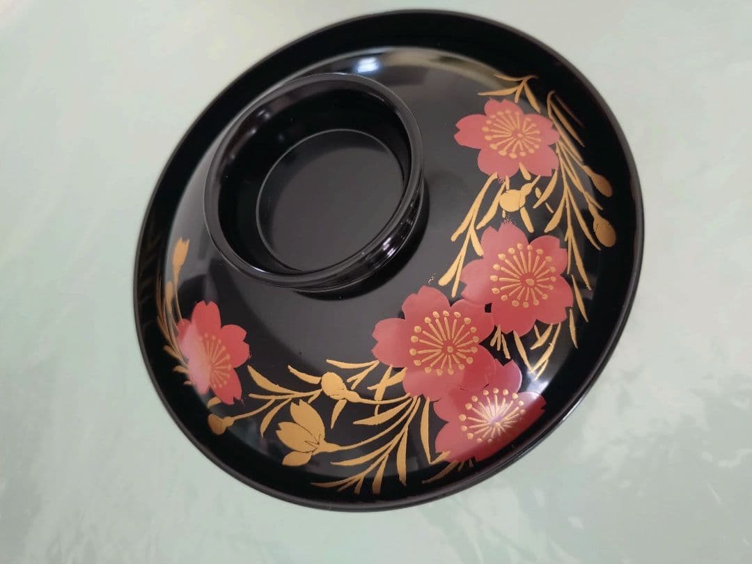 花柄金箔装飾 蓋付き椀 木曽 漆器 漆塗
