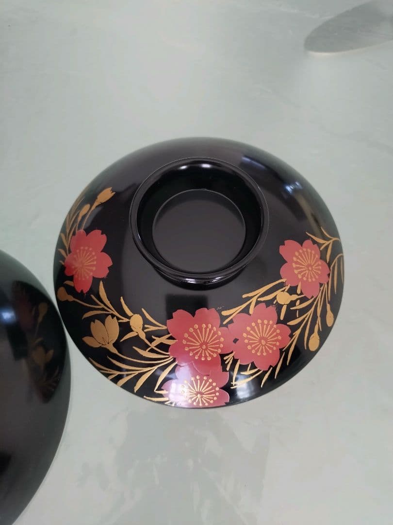 花柄金箔装飾 蓋付き椀 木曽 漆器 漆塗