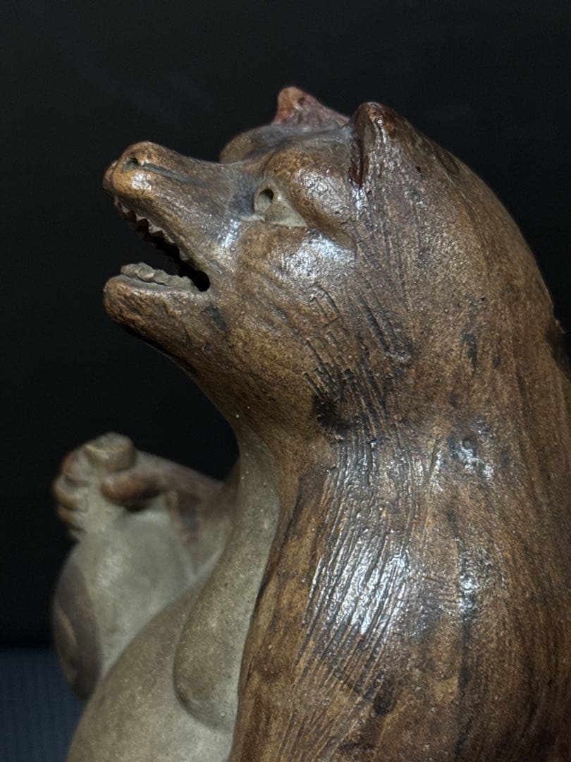 極珍 幕末〜明治期 初期狸 信楽焼 三点立 目透 狸 置物