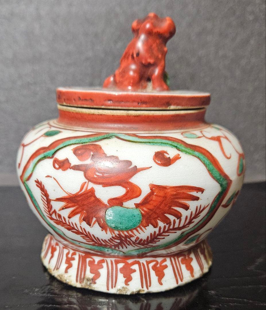【本物保証❗】中国古陶磁　明朝明代　古赤絵　天啓赤絵　獅子摘　花に鳳凰の図　香炉