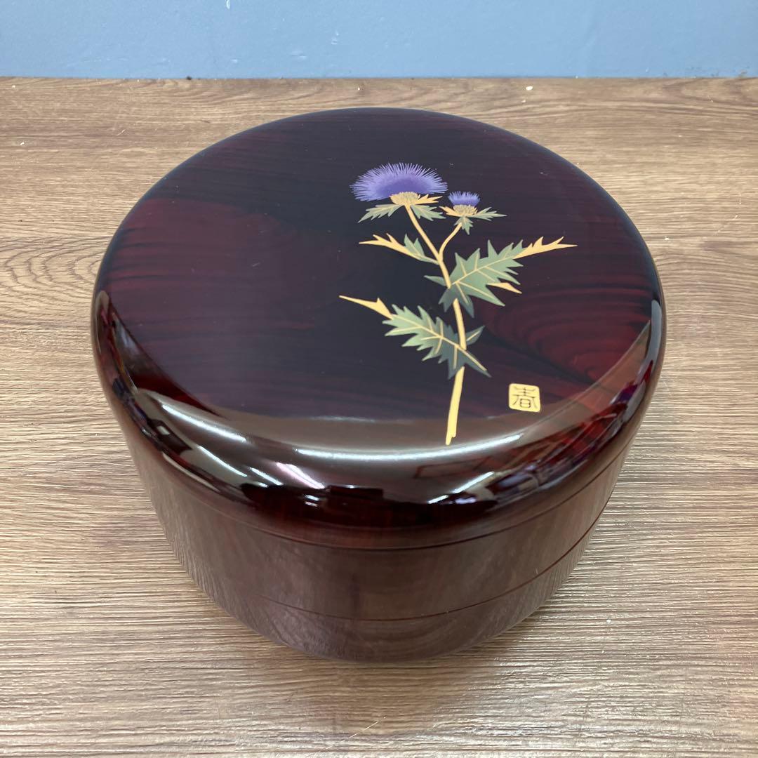 E-1 昭和レトロ 会津塗 丸二段 菓子器 春慶 木目 アザミ 伝統工芸 漆器