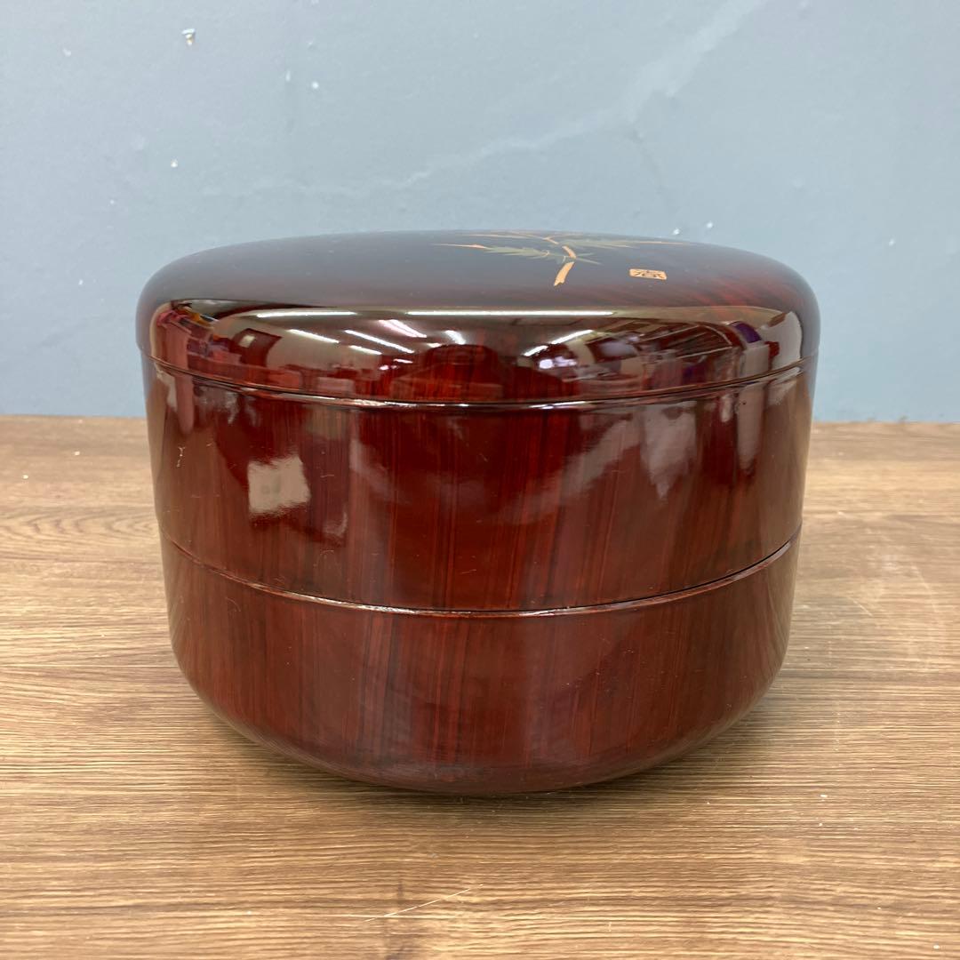 E-1 昭和レトロ 会津塗 丸二段 菓子器 春慶 木目 アザミ 伝統工芸 漆器