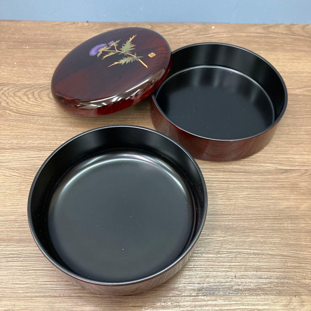 E-1 昭和レトロ 会津塗 丸二段 菓子器 春慶 木目 アザミ 伝統工芸 漆器